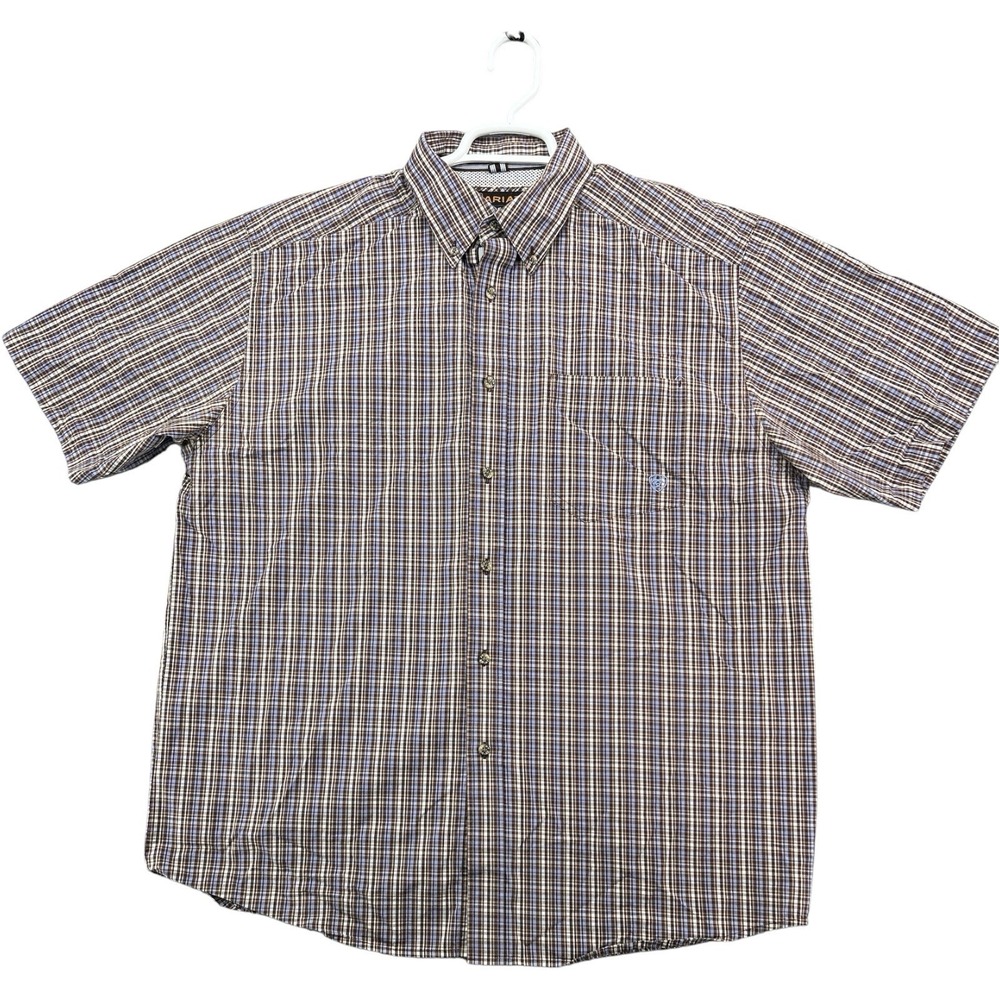 Ariat Pro Series Men's XL Brown Blue Plaid Short Sleeve Western Shirt